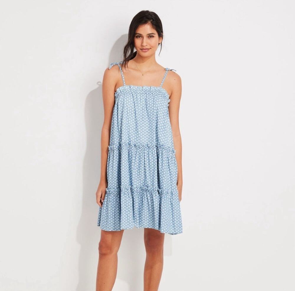 Vineyard Vines Block Print Tiered Dress Womens S Gustavia Chambray Blue